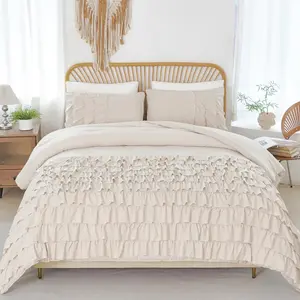 Full Comforter Set 3 Pieces Beige Ruffled Comforter Set Shabby Chic Bedding Sets for Teen Girls for All Season