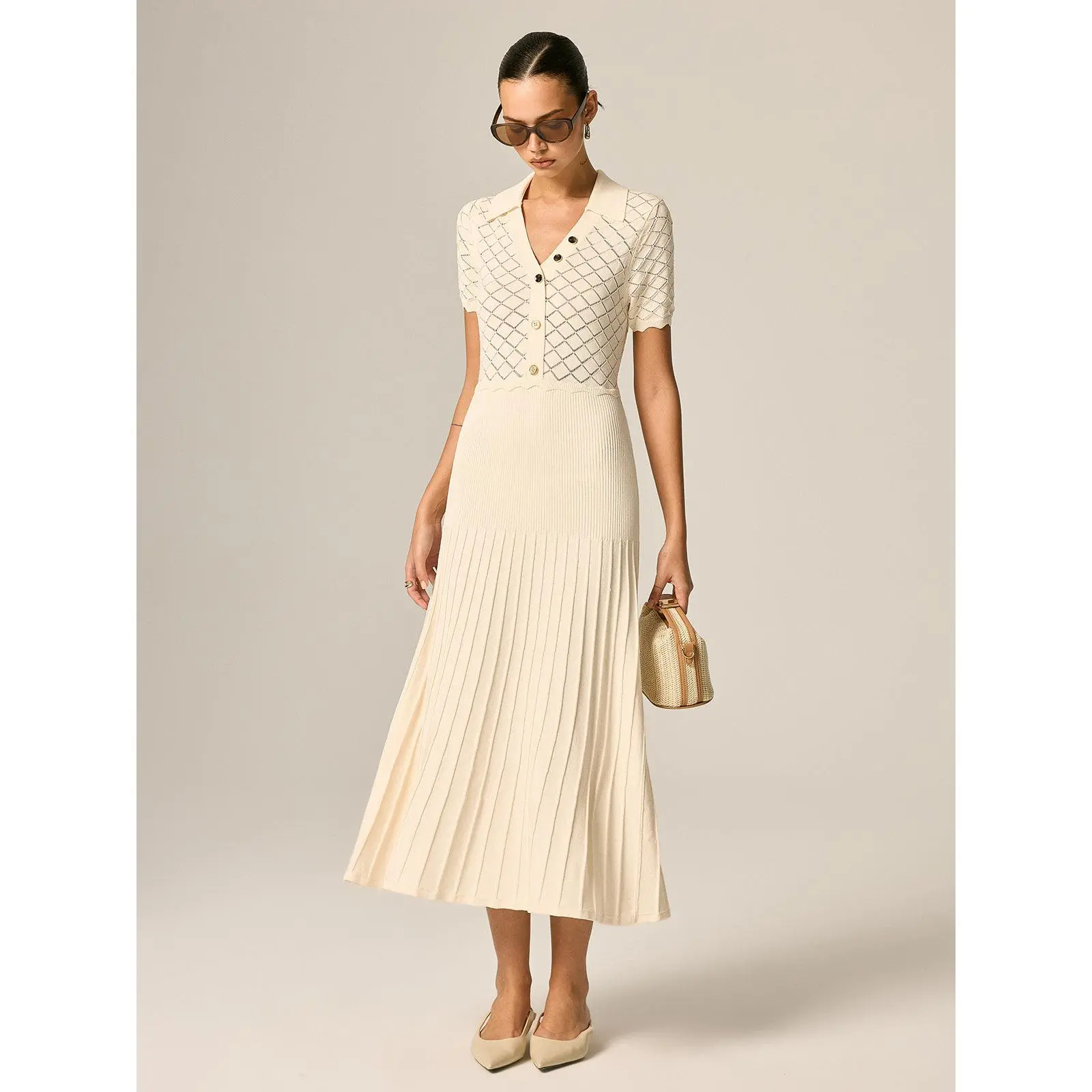 Polo Collar Hollow Knit Pleated Maxi Dress#sohochic