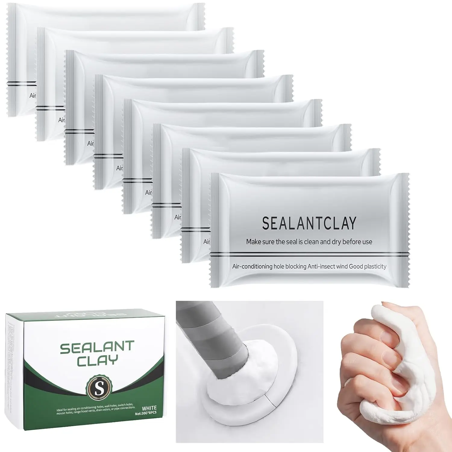 Waterproof Sealant Mastic,Pack of 8 White Seal Waterproof Duct Seal Repair Sealing Clay, Quick Mending Mud for Drain Connection, Wall Hole, Air Conditioning Hole Seal (8 Pack)