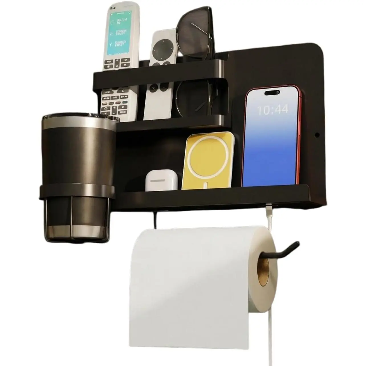 Floating Shelves for Bedside, Self Stick On Wall Mount Shelf Organizer with Hooks, Cute Room Decor Aesthetic, Multi-Functional Storage for Bedroom, Office, No Drilling Adhesive Hanging Shelf​ (Black)