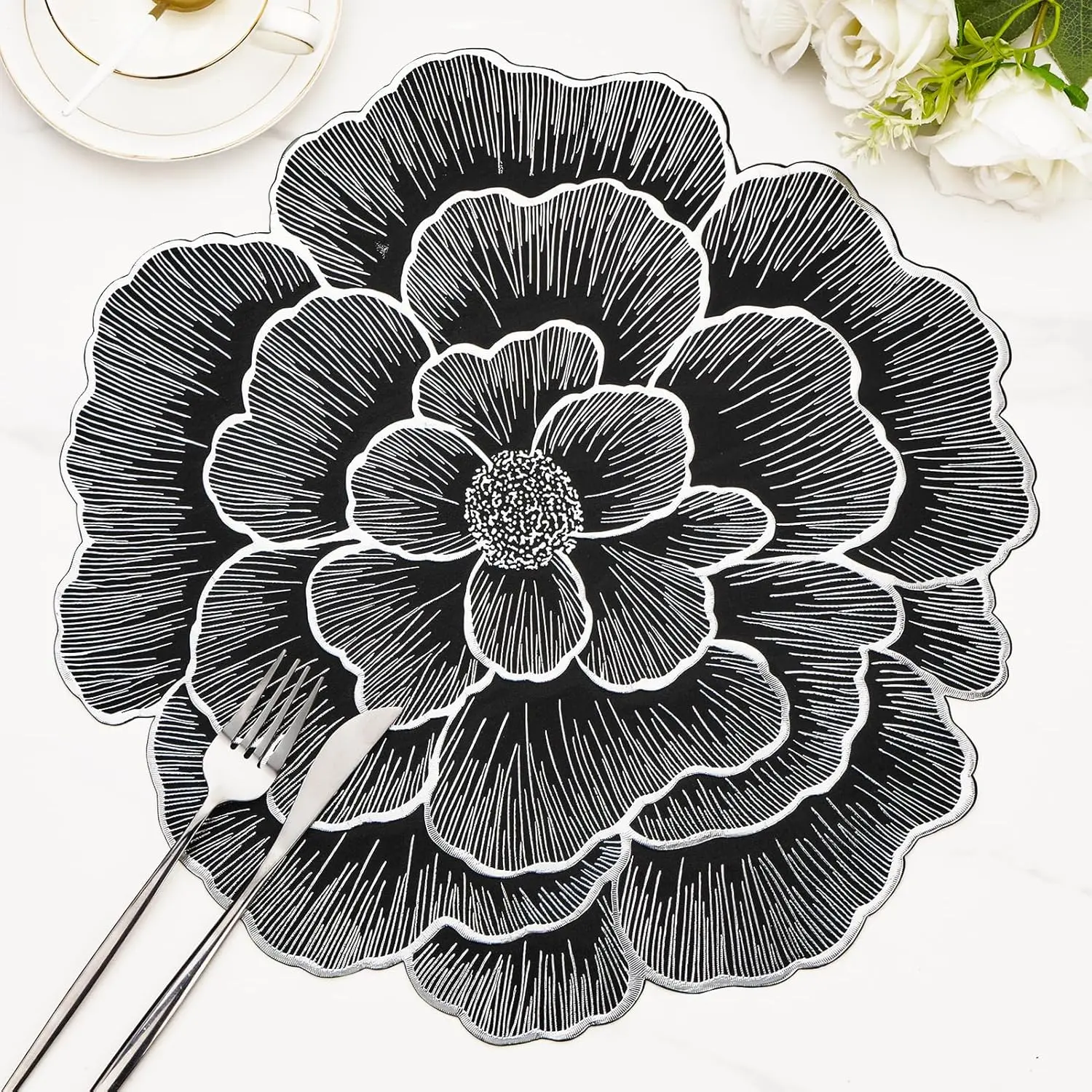 6 Pack Silver Placemats Round Floral Table Mats Bulk Metallic Pressed Vinyl Table Place Mats for Dining Table Wedding Birthday Home Decoration