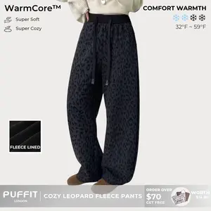 PUFFIT WarmCore Cozy Fleece Lined Leopard Pants, Flattering Fit, High Waist, Super Stretch, Ultra-Soft Feel,Soft, Fine Polar Fleece,Side Pockets,Casual Comfy Pants For Fall&Winter,Women's Trousers For Daily Weal