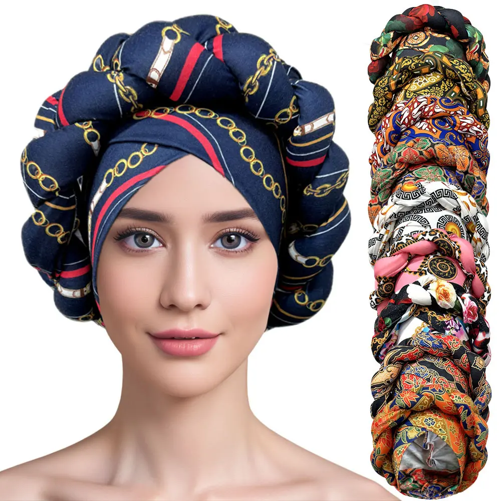 Women's Vintage Chain Print Extra Long Tail Satin-Feel Stretch Hair Wrap - Elegant Chemo Cap, Daily Fashion Headscarf for Party Use & Hair Protection