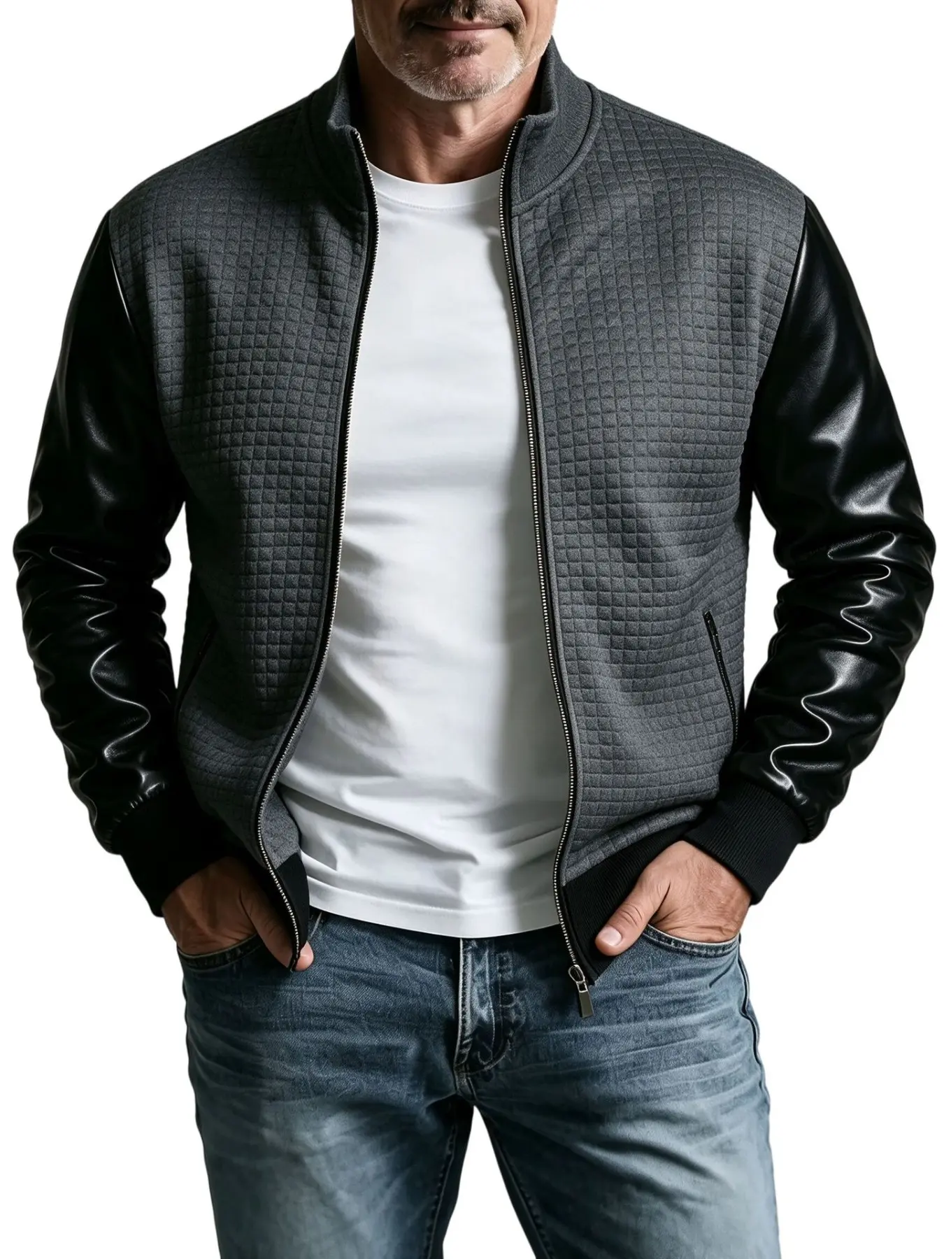 Men Casual Varsity Bomber Jacket, Quilted Grid Fabric & Faux Leather Sleeve Zip‑Up Coat, Relaxed Fit Fashion Outer Jacket for Men Daily Street Casual Outfits，Multiple Colors Available.
