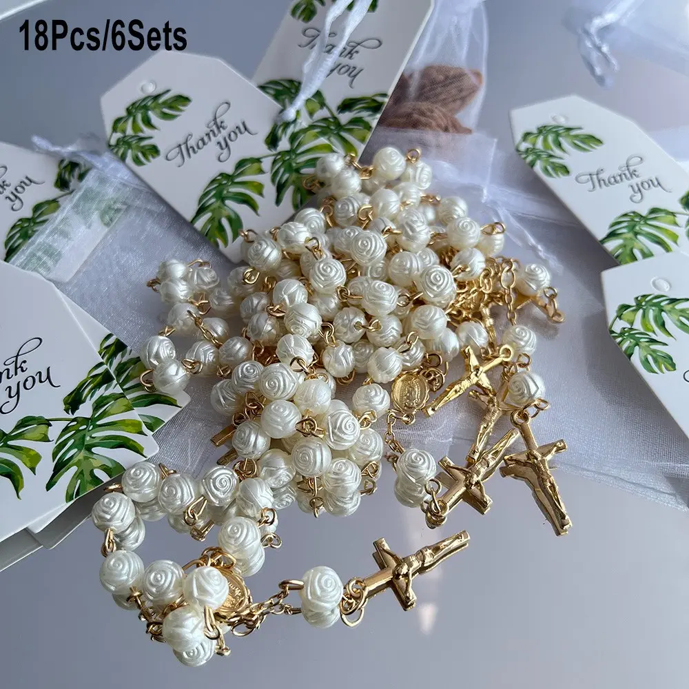 18pcs/6sets 11 Rose-Shaped Beads Virgin Mary Crucifix Small Holy Crown Mini Rosary Party Gift Packs, Catholic Favors, Religious Gift, Wedding Favors, Baptism Gifts, Party Souvenirs, First Communion, Confirmation