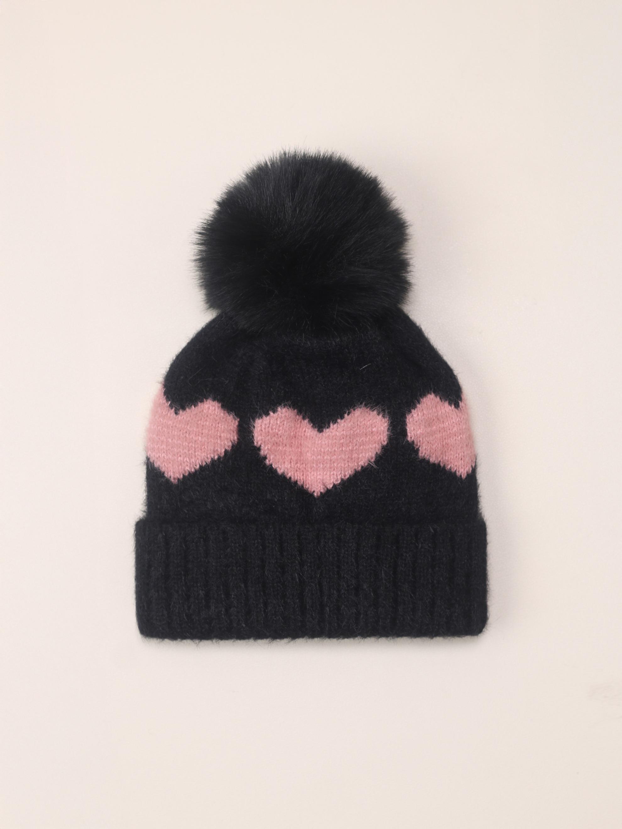 Newborn Knit Hat for Babies 1-3 Years Old, Heart Design Fuzzy Ball Beanie, Warm Winter Outdoor Cap, Casual Daily Commute Wear, Winter Skull Cap