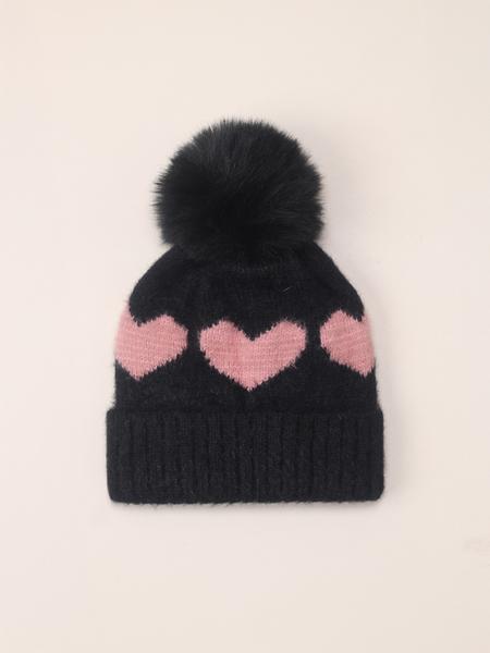 Newborn Knit Hat for Babies 1-3 Years Old, Heart Design Fuzzy Ball Beanie, Warm Winter Outdoor Cap, Casual Daily Commute Wear, Winter Skull Cap