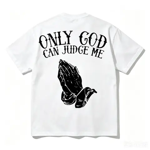 Mens Religious Graphic T Shirt BACK PRINT Only God Can Judge Me Prayer Hands Streetwear Tee Soft Breathable Fabric White Shirt Church Casual Attire Machine Washable Faith Based Apparel Temple Themed Design Comfortable Fit, Vibe, Menswear