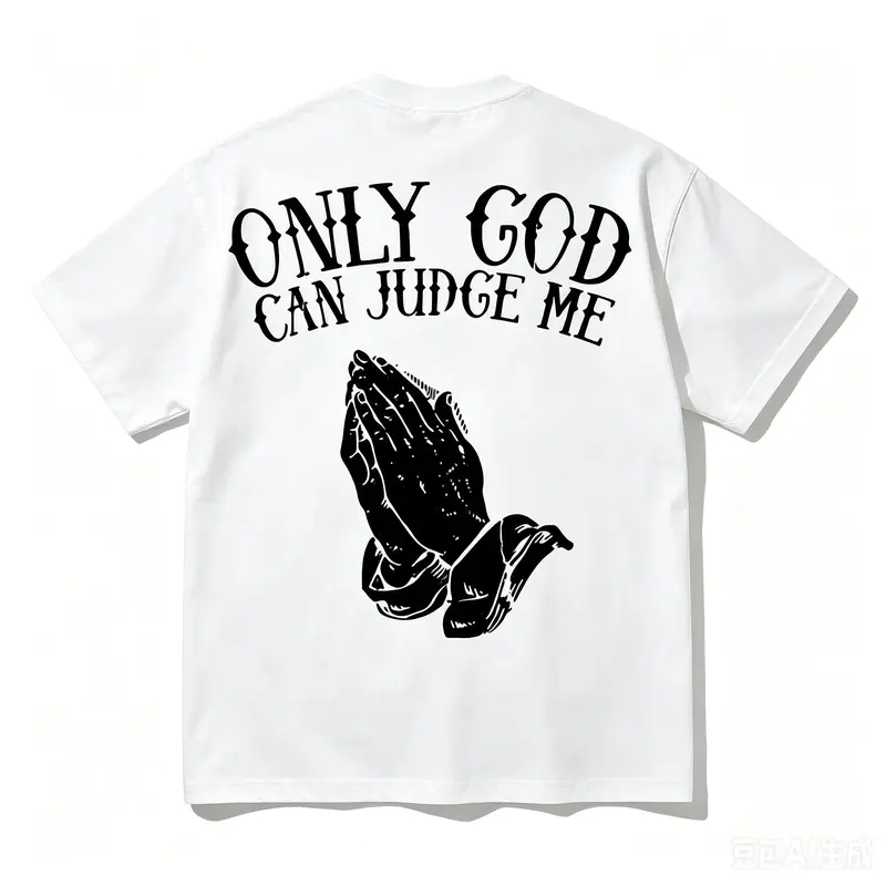 Mens Religious Graphic T Shirt BACK PRINT Only God Can Judge Me Prayer Hands Streetwear Tee Soft Breathable Fabric White Shirt Church Casual Attire Machine Washable Faith Based Apparel Temple Themed Design Comfortable Fit, Vibe, Menswear