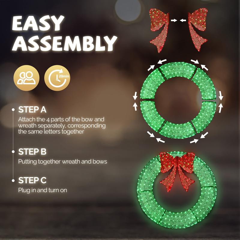 30-50cm Pre-Lit Outdoor Christmas Wreath Decoration with 400 Warm White LED Lights Timer Remote Control Green Red Bow for Home Exterior Garden