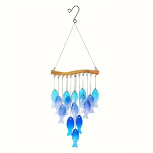 Handmade Blue Glass Fish Wind Chime, Large Indoor Outdoor Hanging Decor, Colorful Ball Shape, No Electricity, Garden, Patio, Beach Party, Wedding