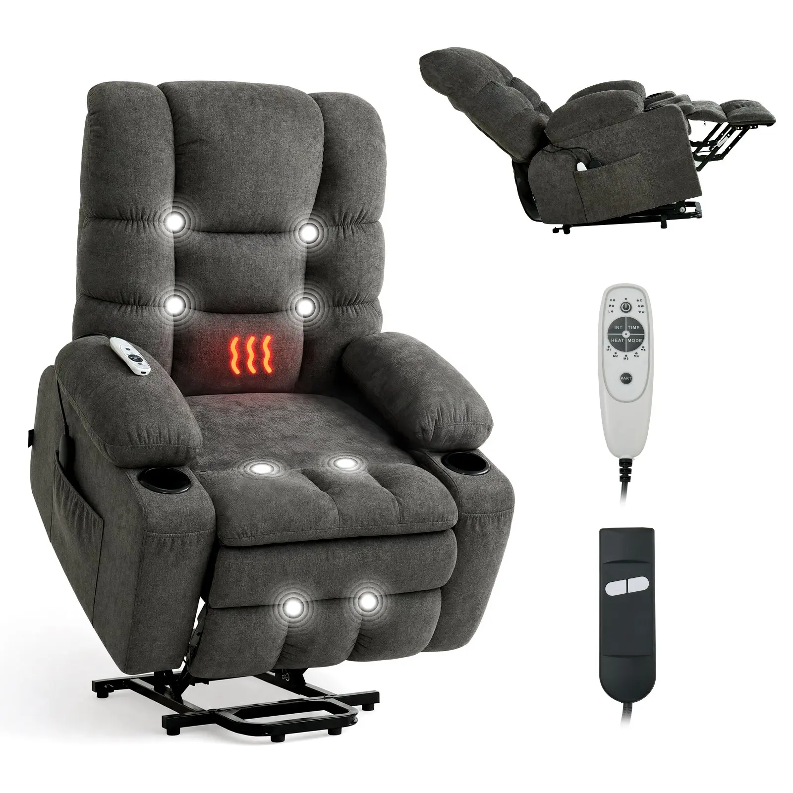 VEVOR Large Electric Adjustable Power Lift Recliner Chair - Soft Chenille Fabric, Ergonomic Design, Heat & Mass, 350+ lb Capacity, Infinite Position, Wide Arms, 36.6x38.2x45.2 in, Side Pockets, Cup Holders, USB Port, Dark Gray for Elderly (Wood Frame)