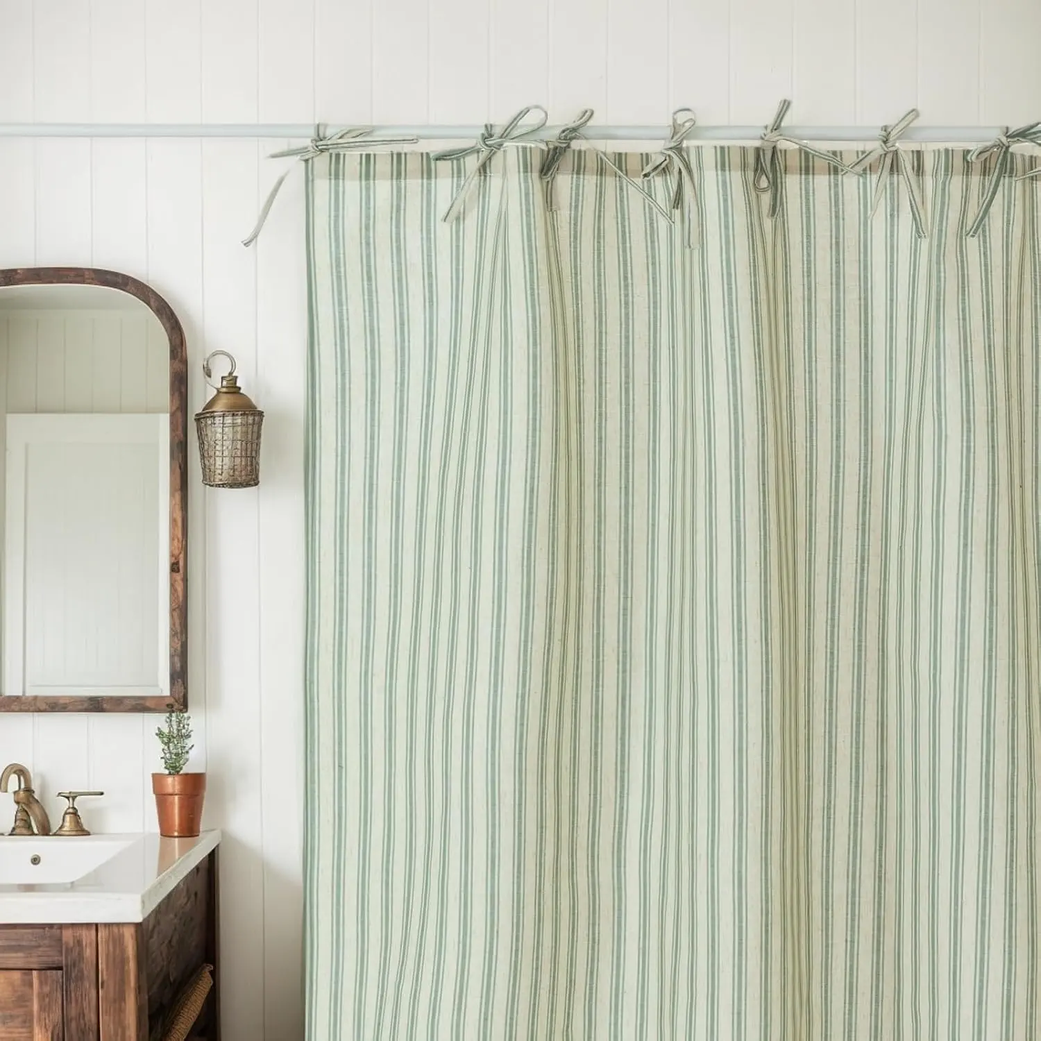 72x72" Green Striped Linen-Polyester Hookless Shower Curtain - Vintage Farmhouse Style with Bow Knot Ties, Waterproof Country Bathroom Curtain for Bath Decor, Shower Curtains