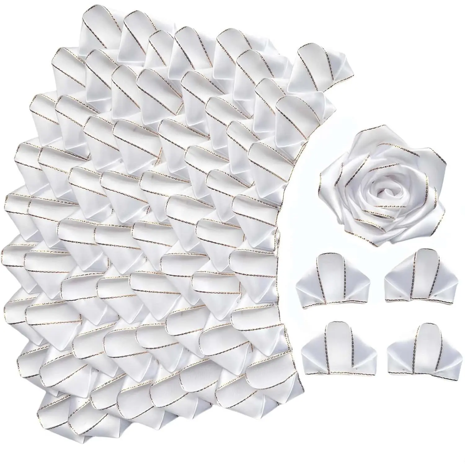 Silk Ribbon Rose Petals 100 count   Pre-Made Glitter Shimmering  for DIY Bouquets, Half-Finished Crafted Shining Forever Flower for Weddings Anniversaries in Shining White