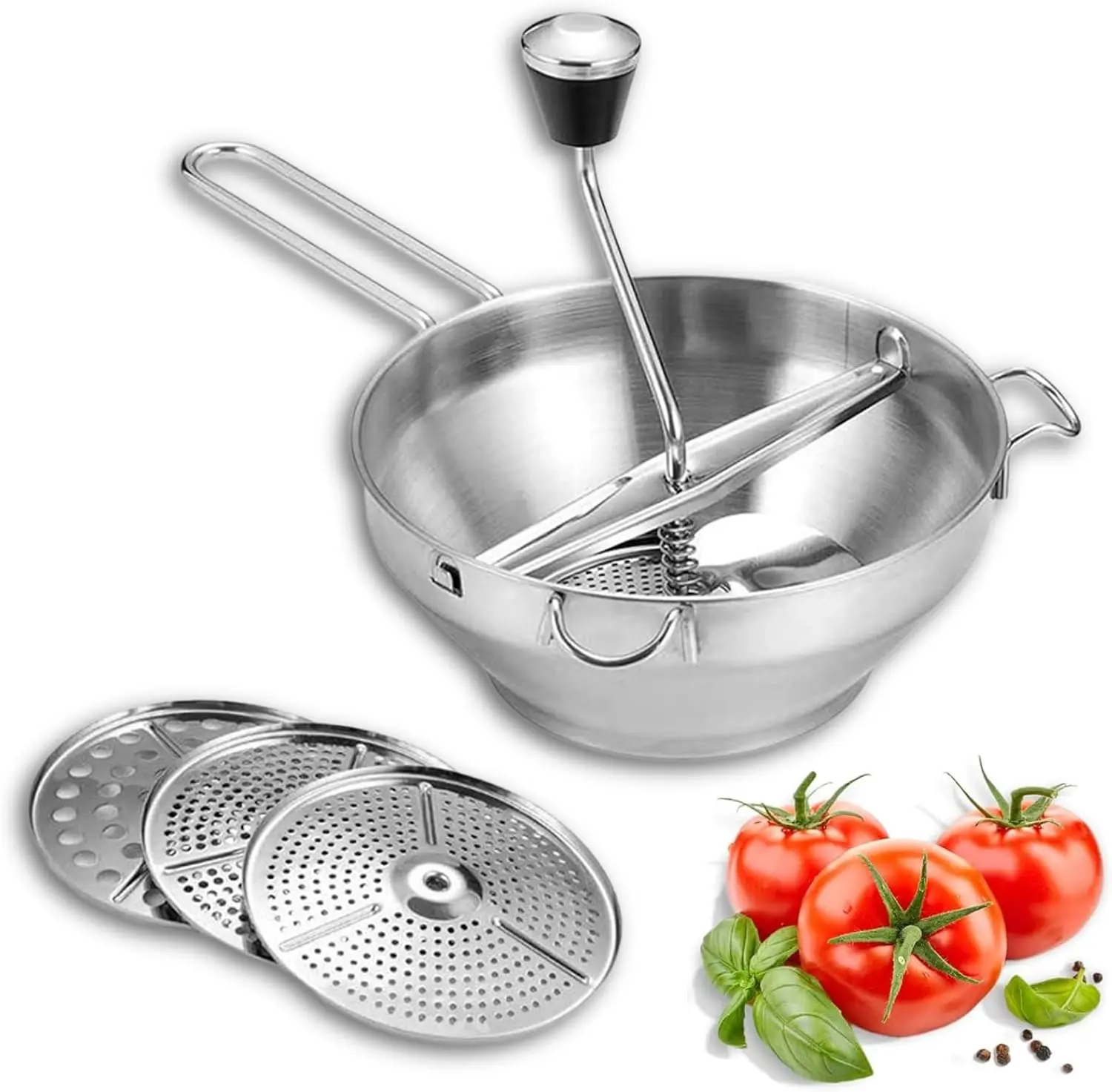 304 Stainless Steel Food Mill with 3 Milling Discs - Heavy-Duty Hand Crank, Fine/Medium/Coarse Grinds - Ideal for Applesauce, Tomato Sauce - Fits Most Pots, Dishwasher Safe Kitchen Utensil