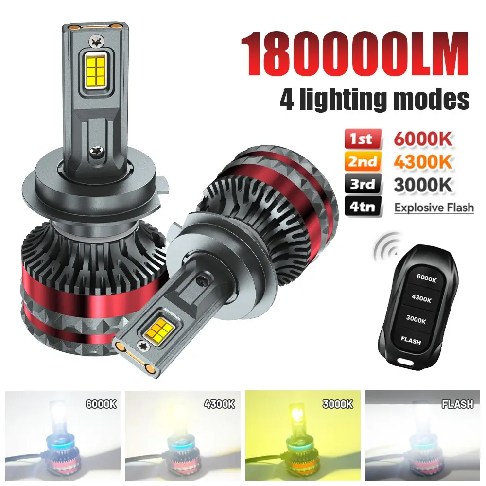 High-Power Tricolor LED Headlights with Remote Control, Models H1, H11, 9005, 9006, H7, Blud, H4, Compatible with Can Bus and Cooling Fan