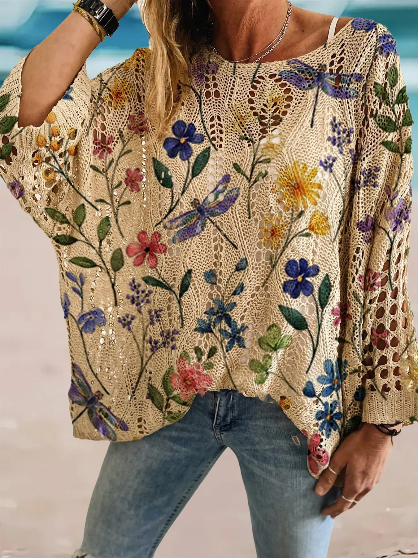 Spring Summer Round Neck Rhombus Hollow Out Bat Sleeve Knit Sweater, Flower Print Loose Fit Drop Shoulder Slimming, Commute Vacation Bikini Outer Top