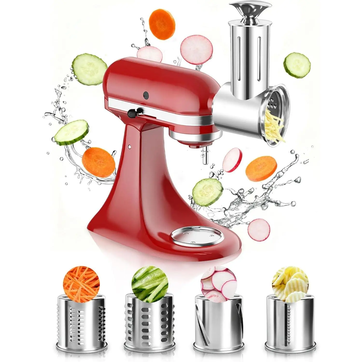 Latest Large Stainless Steel Slicer Shredder Attachment for KitchenAid Stand Mixers,Dishwasher Safe Vegetable Cheese Grater for KitchenAid Mixer Attachments,4 Blades,Time-Saving Salad Maker