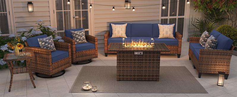 UDPATIO Modern Outdoor Wicker Sofa Set, fire pittable Rattan Wicker Outdoor Sectional Set with Rocking Swivel Chairs, Wicker Rattan Outdoor Sofa Set with Storage Table and Waterproof Covers for Backyard, Deck, Porch