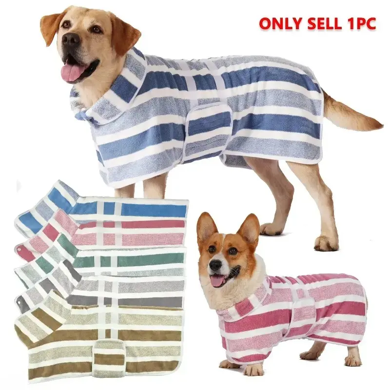 Quick Dry Dog Bathrobe, Super Absorbent Striped Pet Drying Robe with Adjustable Waistband, Ultra Soft Dog Towel Coat for Small Medium Dogs, After Bath Grooming, Home Use and Travel campingessentials