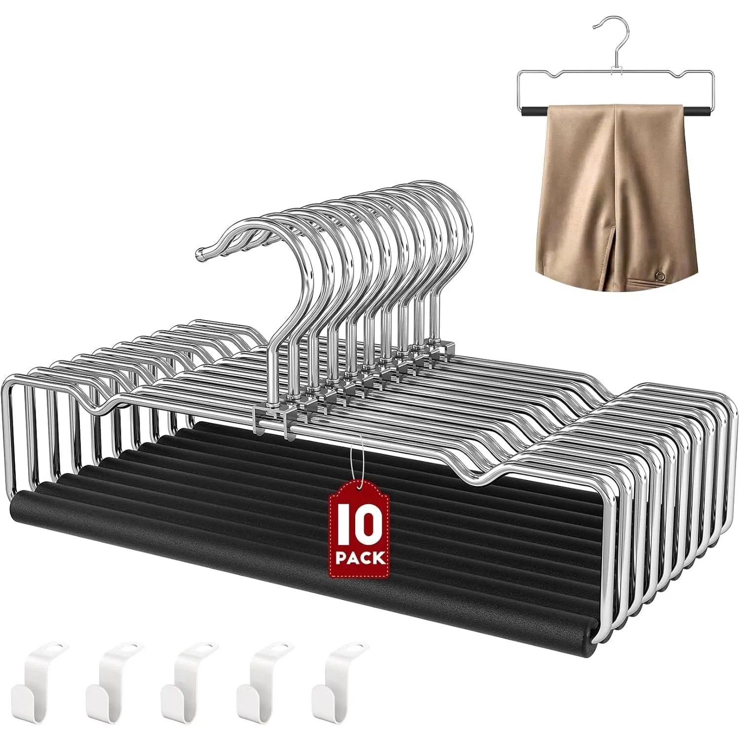 DOIOWN Pants Hangers Space Saving,10 Pack Non Slip Metal Pant Hangers with Foam Padding,Compact Closet Organizers and Storage Jean Hanger for Closet, Holding Pants, Jeans, Skirts,Scarves