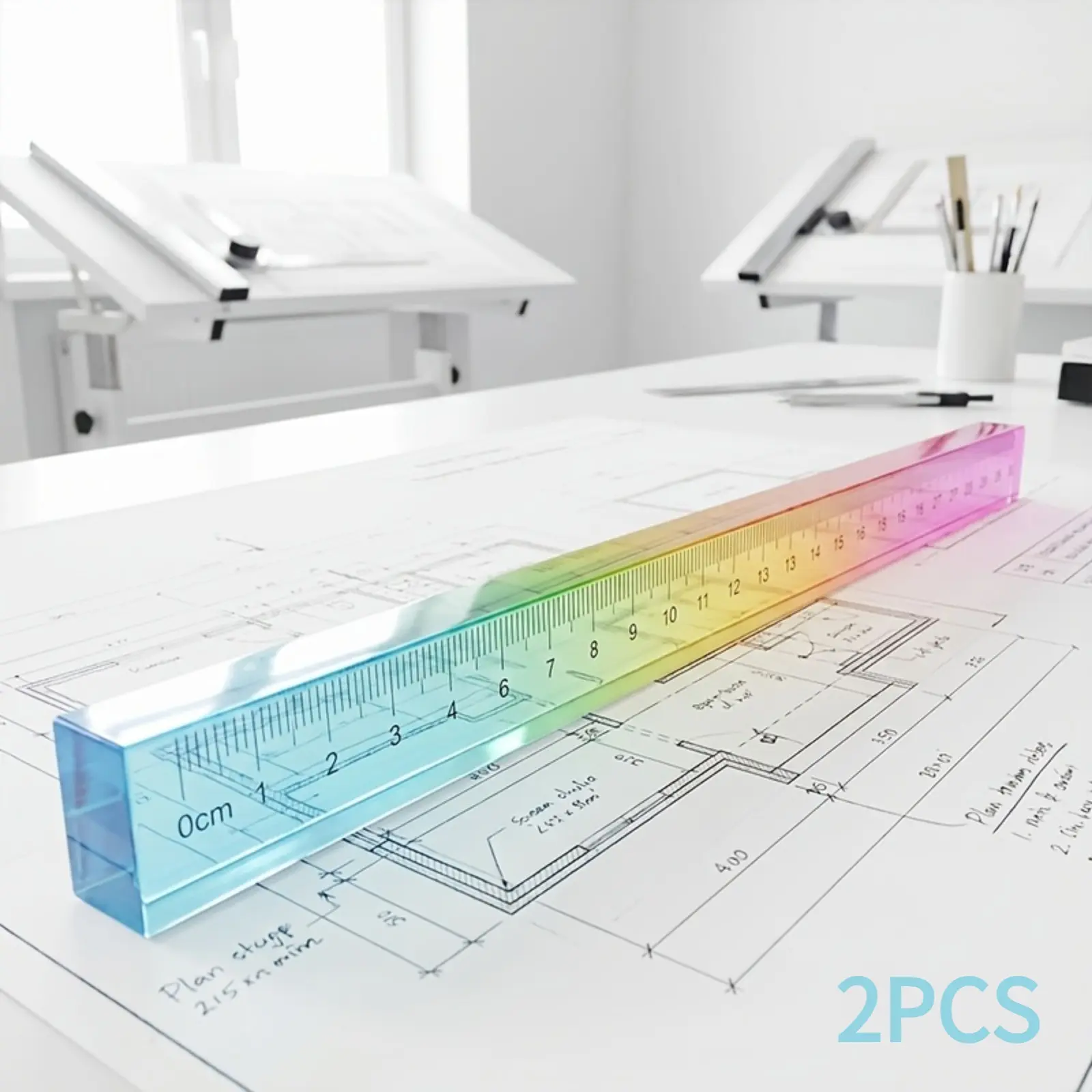 2PCS Geometric Drawing Tools, Colorful Ruler And Cube, Math Learning Stationery And Teaching Aid, Multifunctional Plastic Geometric Shape, Drawing And Measuring Supplies, Transparent gradient acrylic multifunctional student math drawing ruler