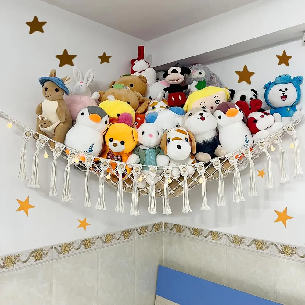 Large Cotton Degradable Stuffed Animal Organiser Hammock - Boho Macrame Design with LED Lights, Space-Saving Room Decor, Room Accessories for Nursery, Kids Bedroom