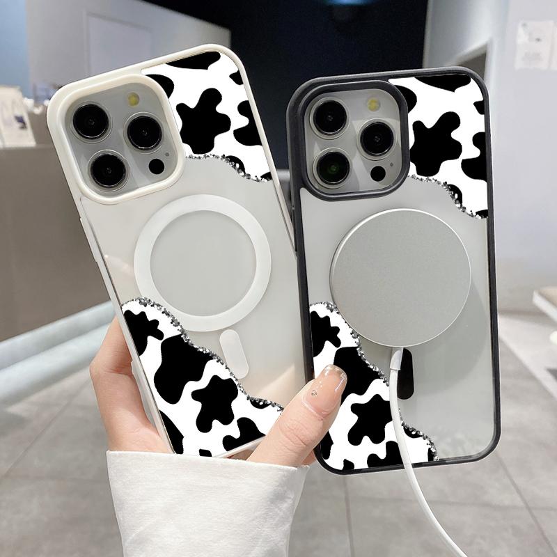 Cow Print Corner Pattern Magnetic Phone Case for IPhone 17 Pro Max 16 Plus 15 14 13 12 11 Air E Plus Non-Yellowing Clear Crystal Drop-proof Slim Silicone Shockproof Transparent Acrylic Cover Supports Wireless Charging