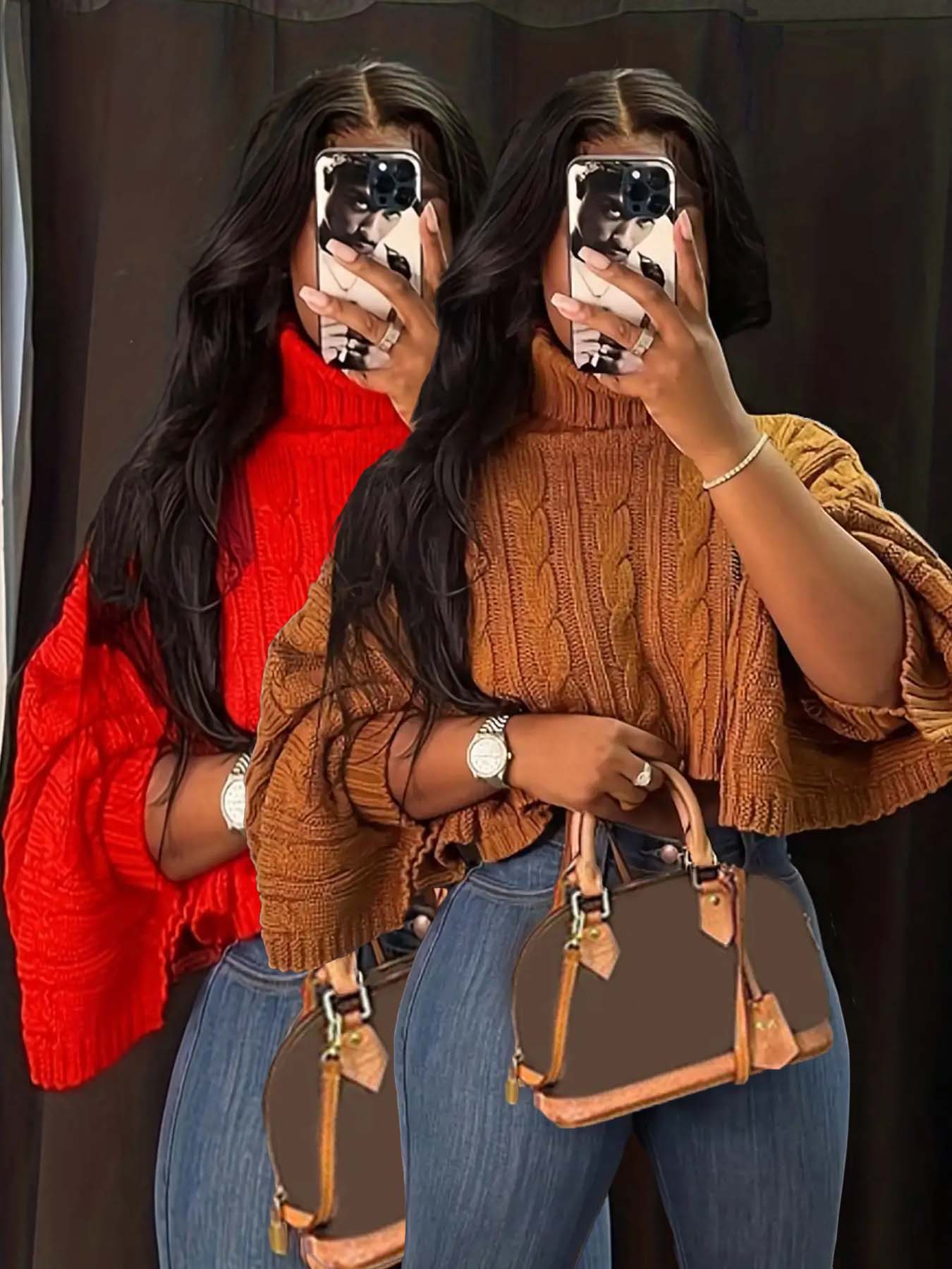 Women's Textured Split Sleeve Turtle Neck Cropped Sweater, Casual Solid Color High Neck Long Sleeve Jumper, Women's Knit Clothing for Daily Wear