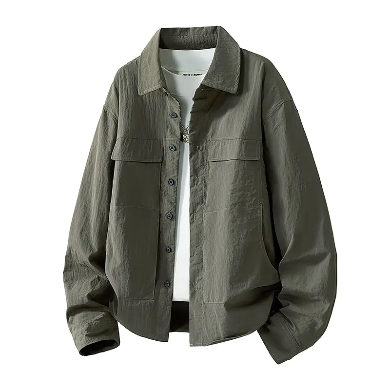Men's Plain Lapel Button-Down Shirt Jacket - Long Sleeve, Multi-Pocket, Wrinkle-Textured, Foldable Cropped Menswear Top for Spring & Autumn Daily Street Outfits, Multiple Colors Available