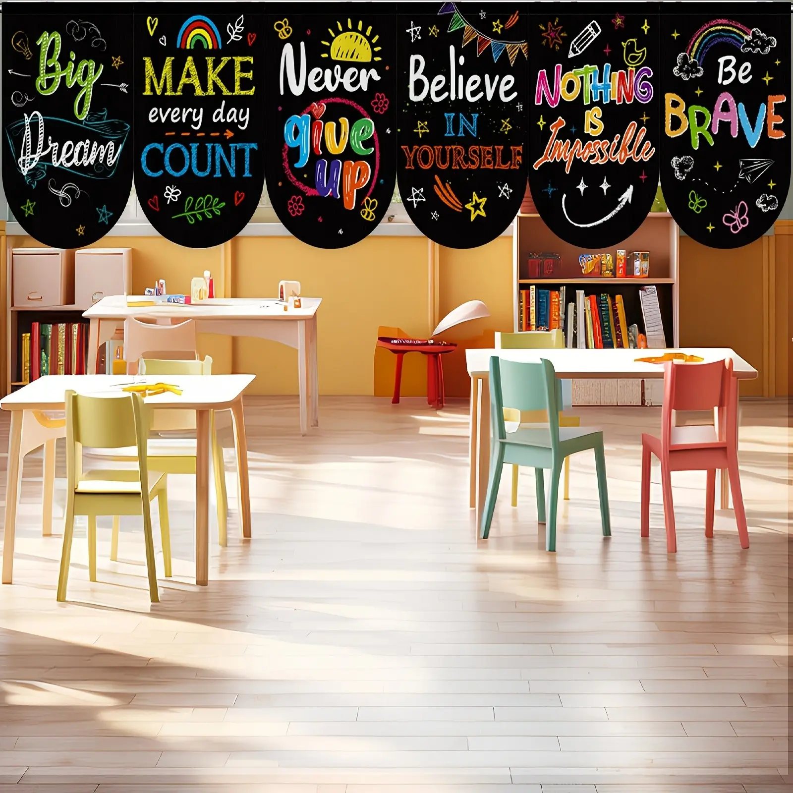 6pcs Set Back to School Slogan Banner, Chalkboard Style Party Supplies, Classroom and Daycare Decoration, Frontal Theme Decorations