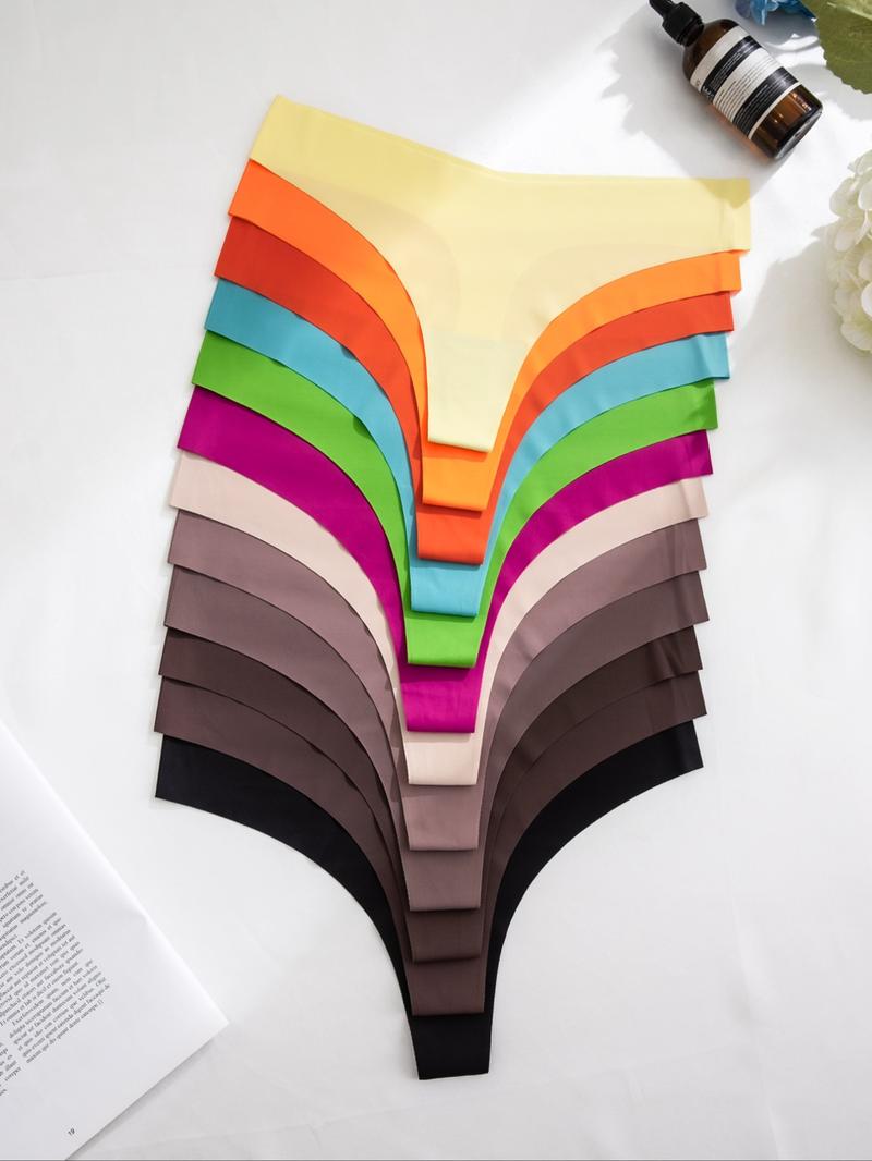 Women's 12pcs Solid Color Seamless Thong, Soft Comfy Breathable Drop Waist Panty for Daily Wear, Underwear for All Seasons