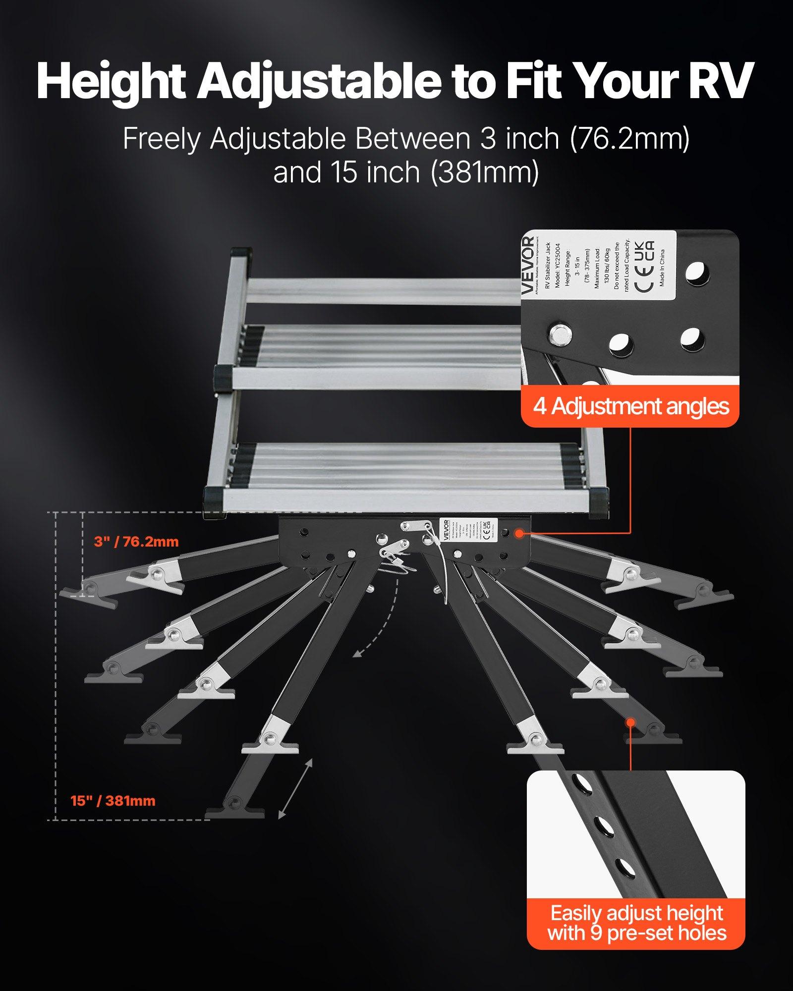 VEVOR RV Step Stabilizer, Height Adjustable Step Stabilizer Kit, Camper Stair Stabilizers with Powder Coated Steel for 5th Wheels, Travel Trailers and Motorhomes, Adjustable from 3 inch to 15 inch