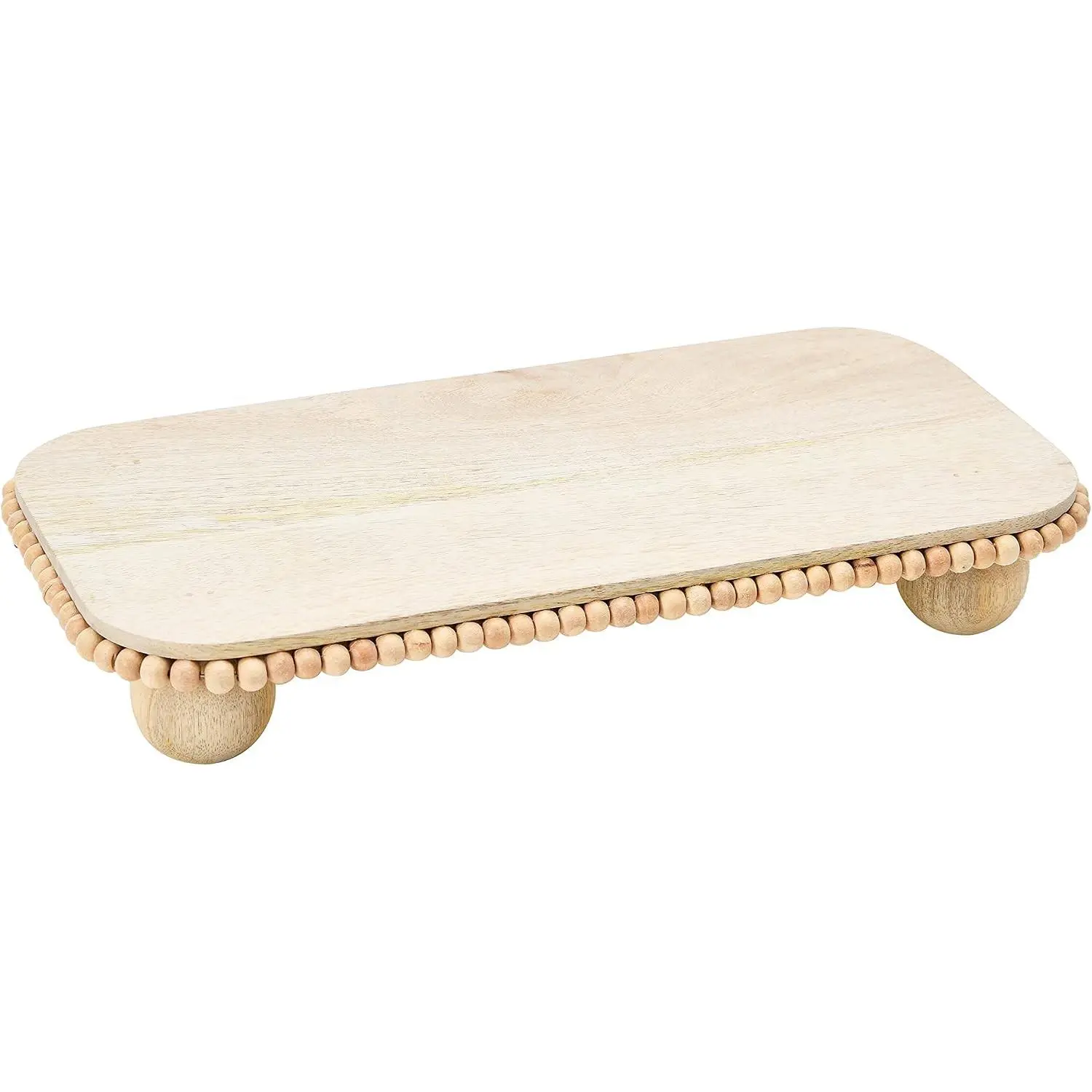 Mango Wood Pedestal with Wood Beads; Modern Footed Serving Tray/Decorative Wood Pedestal for Dessert Table, Natural Colored