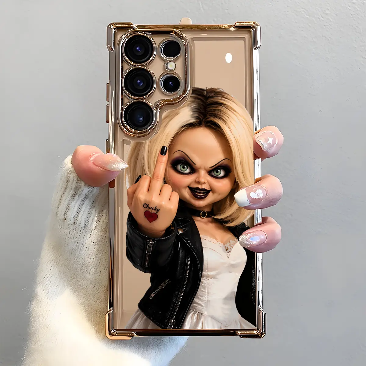 Horror Tiffany Bride of Chucky Phone Case, Electroplated Airbag Shockproof Slim Soft TPU Cover for Samsung S26 S25 S24 S23 S22 Ultra S25Edge S24FE Plus S25+, Middle Finger Design Halloween Goth Style