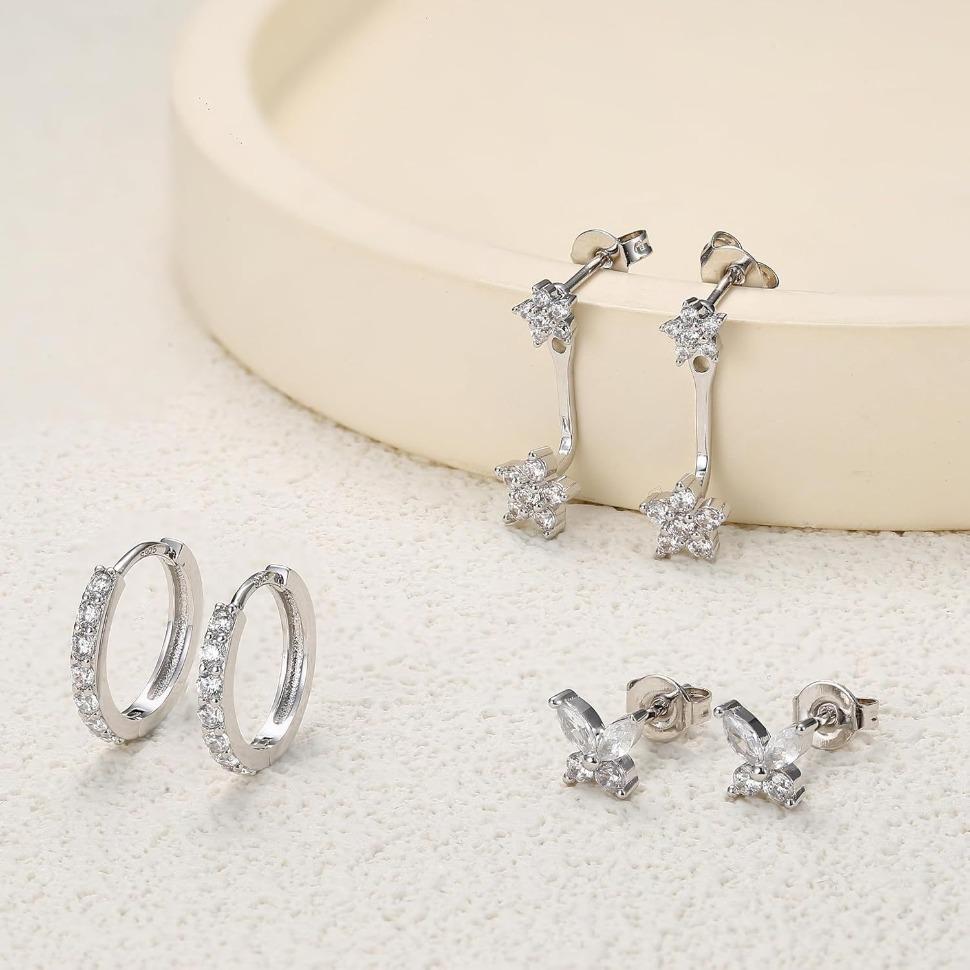 FIBO STEEL 3 Pairs Elegant Stud Earrings Set for Women Girls Cubic Zirconia Flower Star Ear Studs Huggie Hoop Small Earrings Stacks Sets Multiple Piercings Cartilage Jewlery Gift