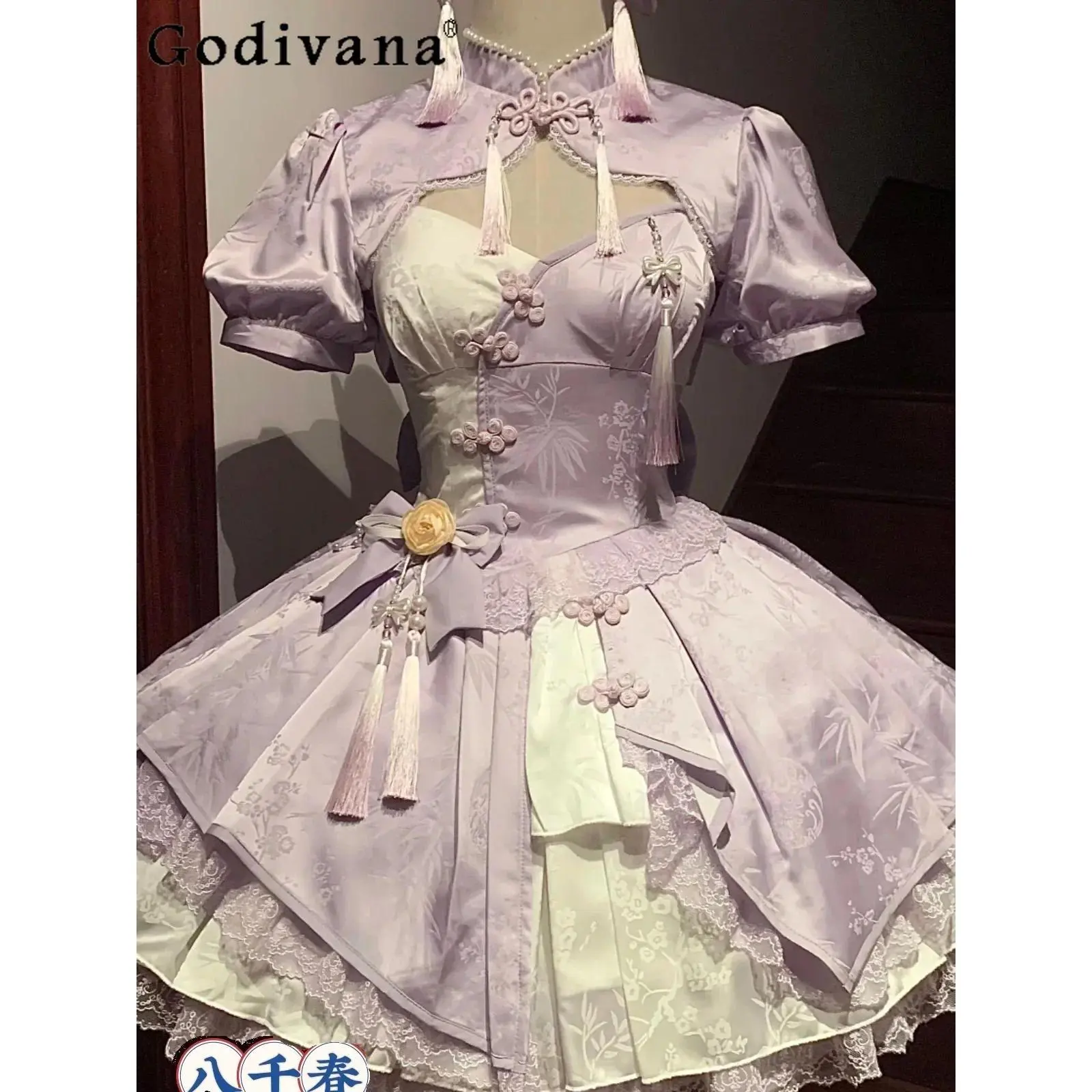 Japanese Lolita Dress Girly Sweet Print Lace Tassel Chinese Style Elegant Fashion Purple Cosplay Mini Dress Y2k Vestidos Mujer