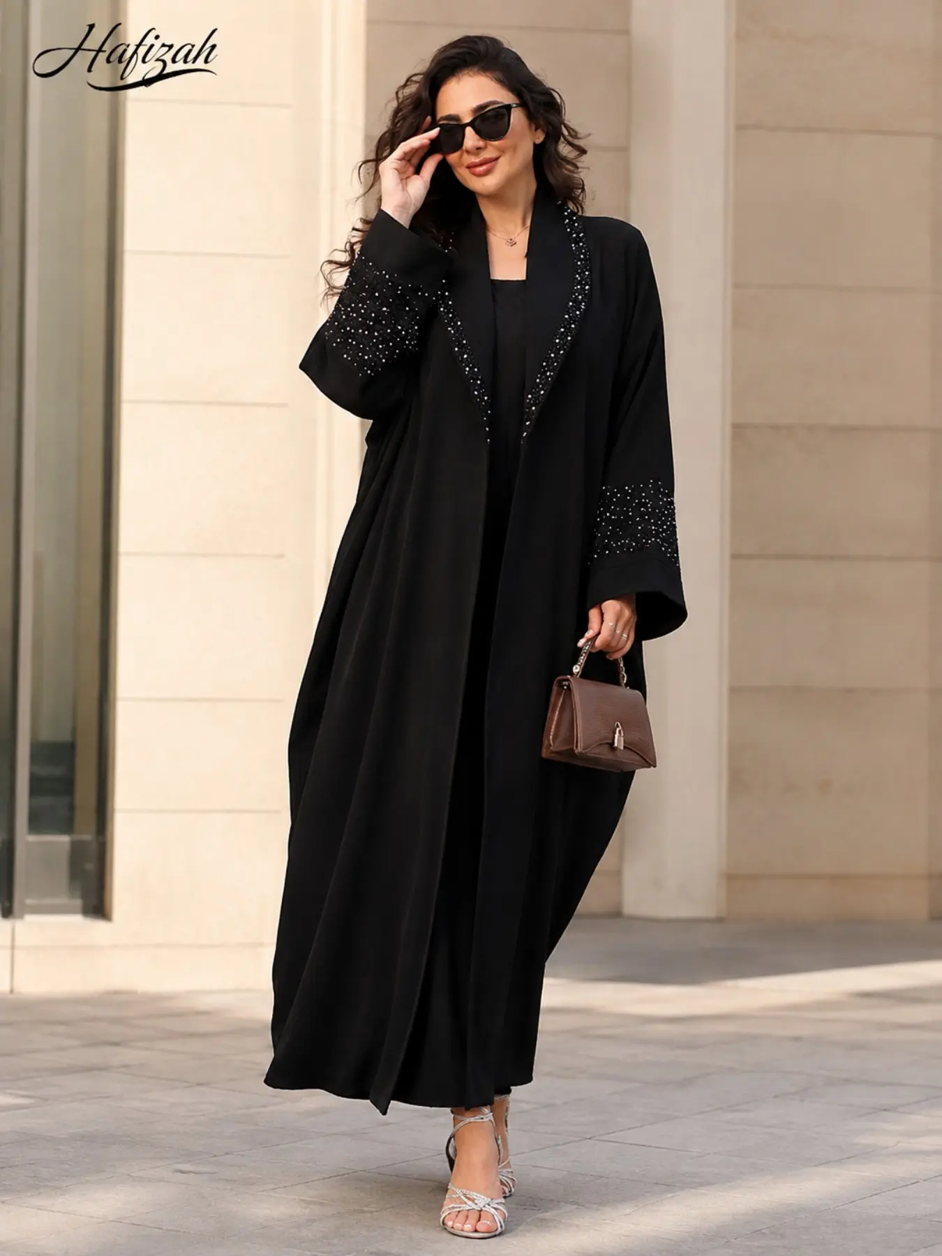 Women's Rhinestone Open Front Abaya Robe, Loose Long Sleeve Muslim Elegant Outerwear, Dubai Style Formal Long Dress
