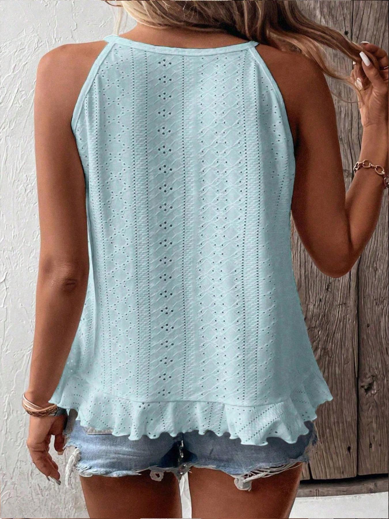 【Plus Size】 Solid Color Eyelet Embroidery Cami Top, Casual Elegant Sleeveless Knit Top for Daily Wear, Women Plus Clothing for All Seasons