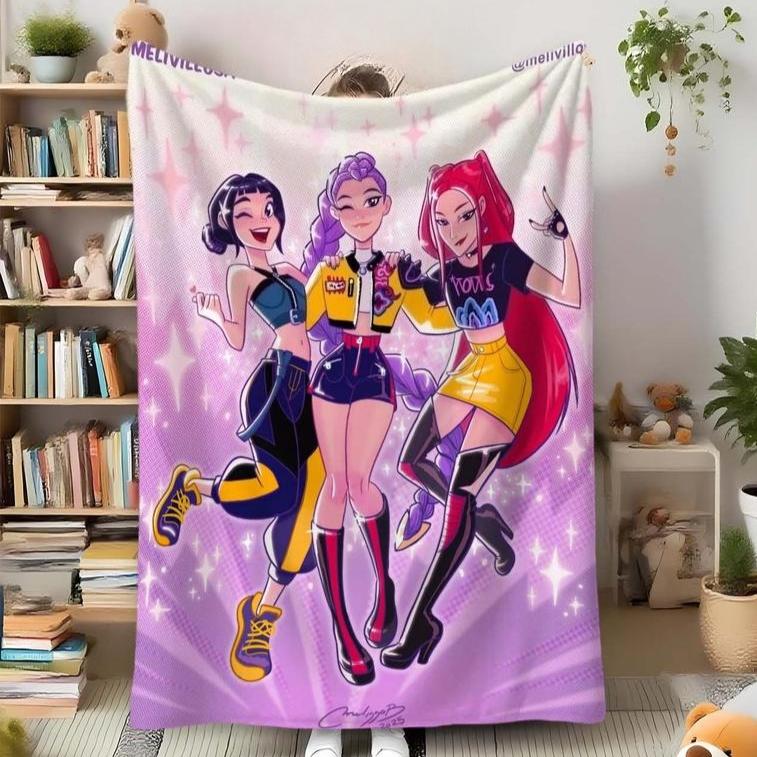K-Pop Devil Hunter Anime Print Blanket, Soft and Comfortable Flannel Plush Blanket, Suitable for Home, Office, Camping, Sofa, Bed, Netflix Fan Gift, Warm Nap Blanket.