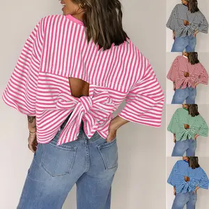 2026 New Women's Crew Neck Striped Pullover Knit Top, Back Tie Bow Knot Detail, Soft Casual Long Sleeve Fashion Sweater for Daily Wear