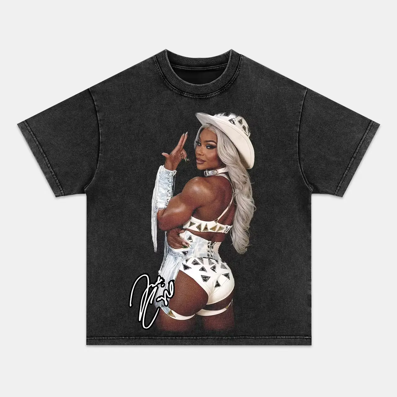 Retro Jade Cargill White Cowgirl Outfit Back Pose Portrait With Handwritten Autograph Full Front Graphic Vintage Washed Black Oversized Heavyweight Cotton Streetwear T-Shirt, Unisex Top, Pro Wrestling Fan Apparel