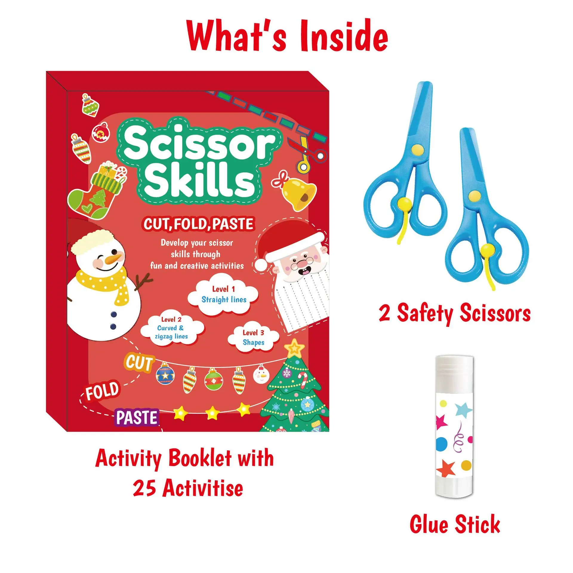 Christmas Paper Scissor Skills Activity Kit for Kids Ages 3+, Cool Gifts for Kids, 25 Cutting-Folding-Gluing Activities, 3 Skill Levels, Instruction Book, 2 Round-Tip Scissors, Glue Stick for Creativity Boosting