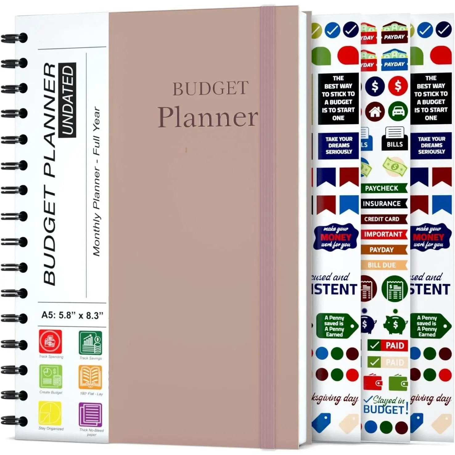 A5 12-Month Budget Planner, Undated Budget Book,  | Financial Planner with Monthly Bill Organizer with Debt, Saving and Expense  and Sticker Sheets