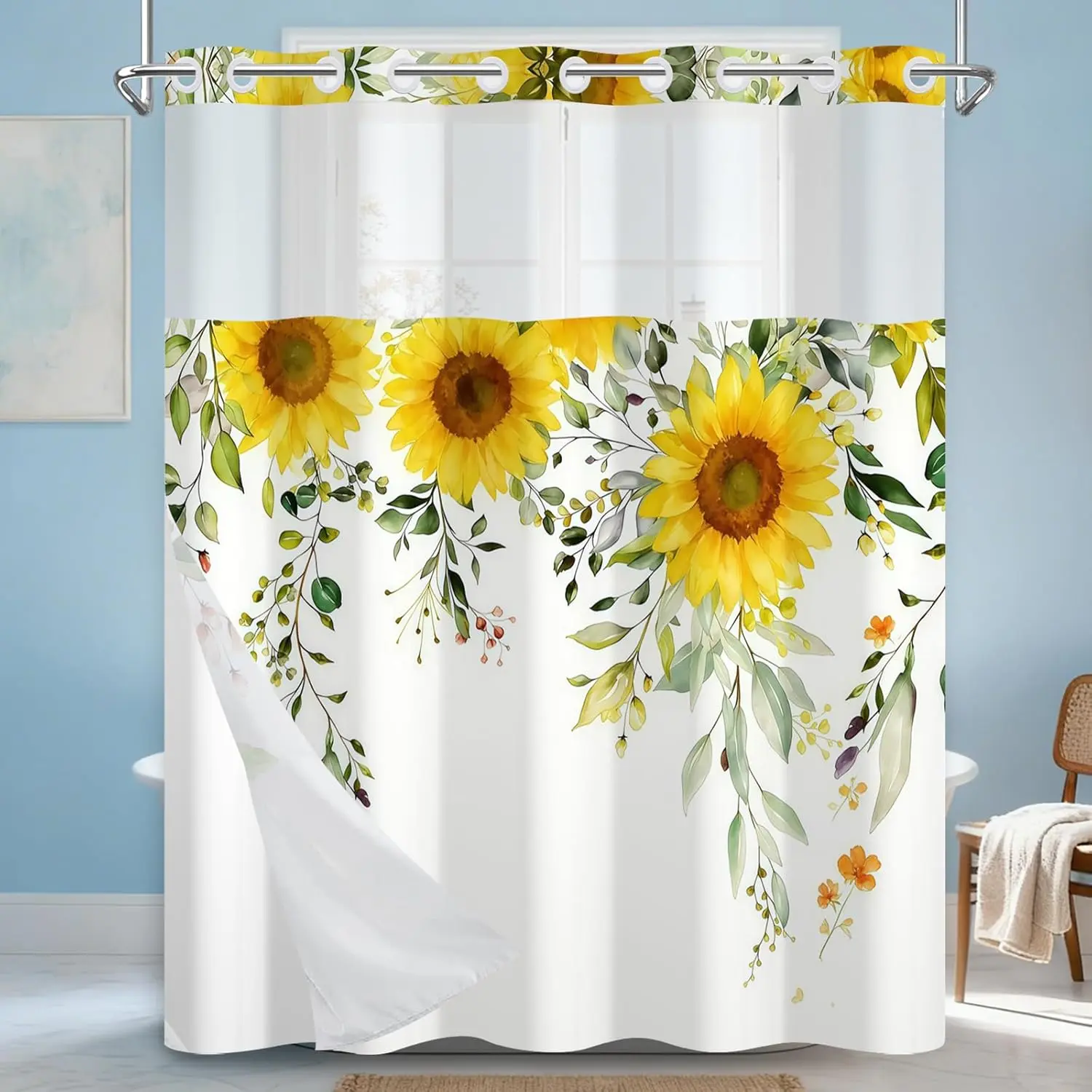 Watercolour No-Hook Shower Curtain and Liner Set, 71x74 in Waterproof Double Layer, Mesh Top Window Privacy, Snap-In 1-Piece Liner, Easy Hanging Boho Farmhouse Floral Bathroom Decor, Sunflower