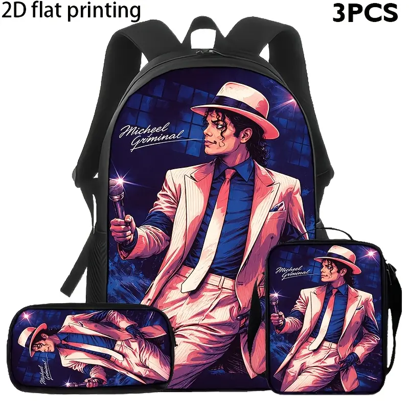 Unisex 3-Piece Backpack Set - Light Shadow Flat Print, Retro Chic, Multi-Function, Includes Lunch Bag & Pencil Case, for Daily Commute & Back to School Haul