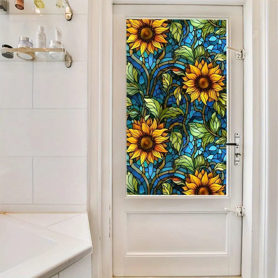 1-piece Sunflower Landscape Stained Glass-Style Decorative Static Cling Privacy Window Film, Window Clings for Glass Windows, suitable for decorating windows and doors in bedrooms, living rooms, bathrooms, and kitchens