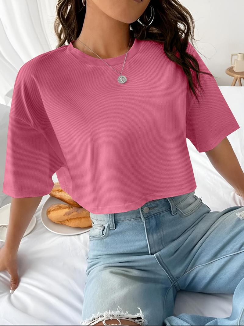 Women's Plain Ribbed Curved Hem Crop Tee, Casual Half Sleeve Round Neck T-shirt for Summer, Ladies Clothes for Daily Wear