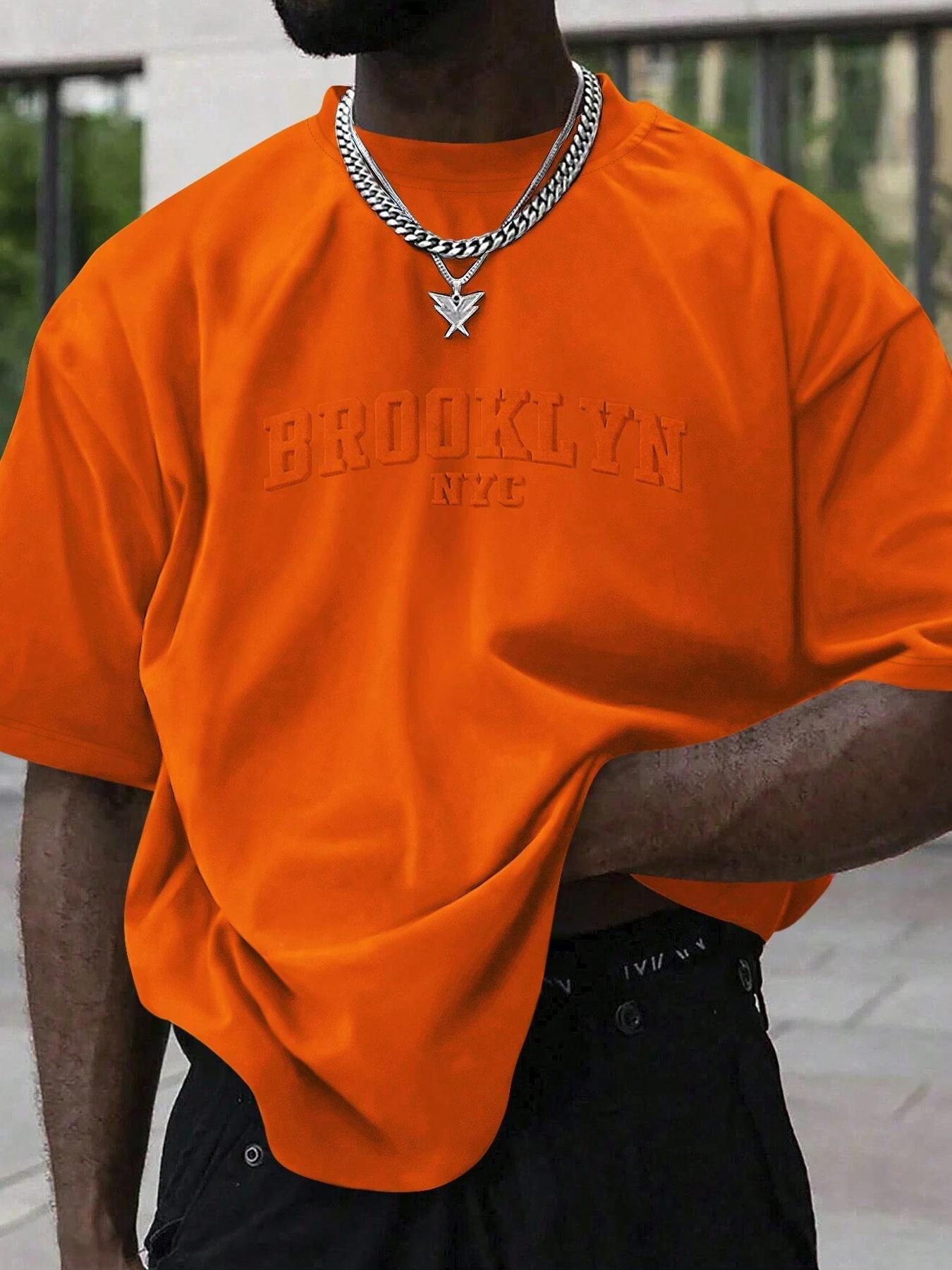 Men's Plain Letter Embossed  Drop Shoulder Tee, Regular Fit Casual Short Sleeve Round Neck T-shirt for Summer, Fashion Men's Top for Daily Wear