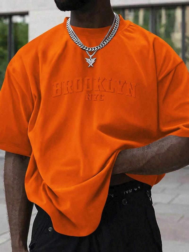 Men's Plain Letter Embossed  Drop Shoulder Tee, Regular Fit Casual Short Sleeve Round Neck T-shirt for Summer, Fashion Men's Top for Daily Wear